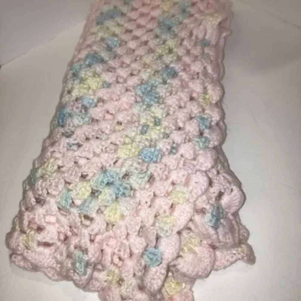 Hand Crocheted Baby Blanket Pink Blue and Yellow VGUC - Picture 4 of 4